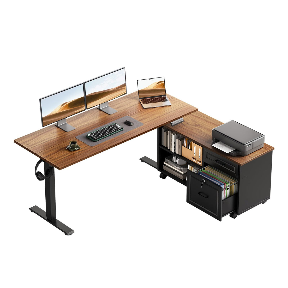 L-Shaped Electric Standing Desk with File Cabinet