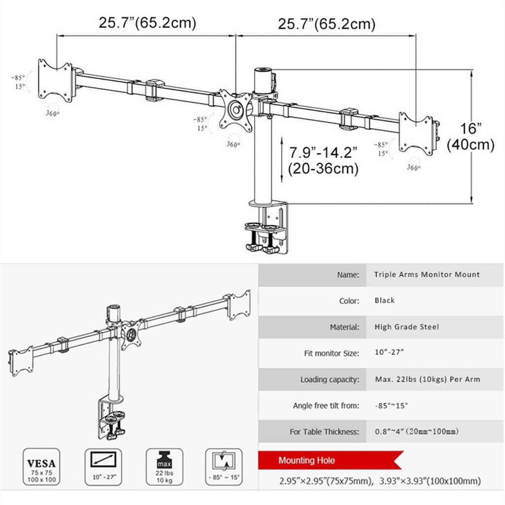 Triple Monitor Arm for 10–27-Inch Screens