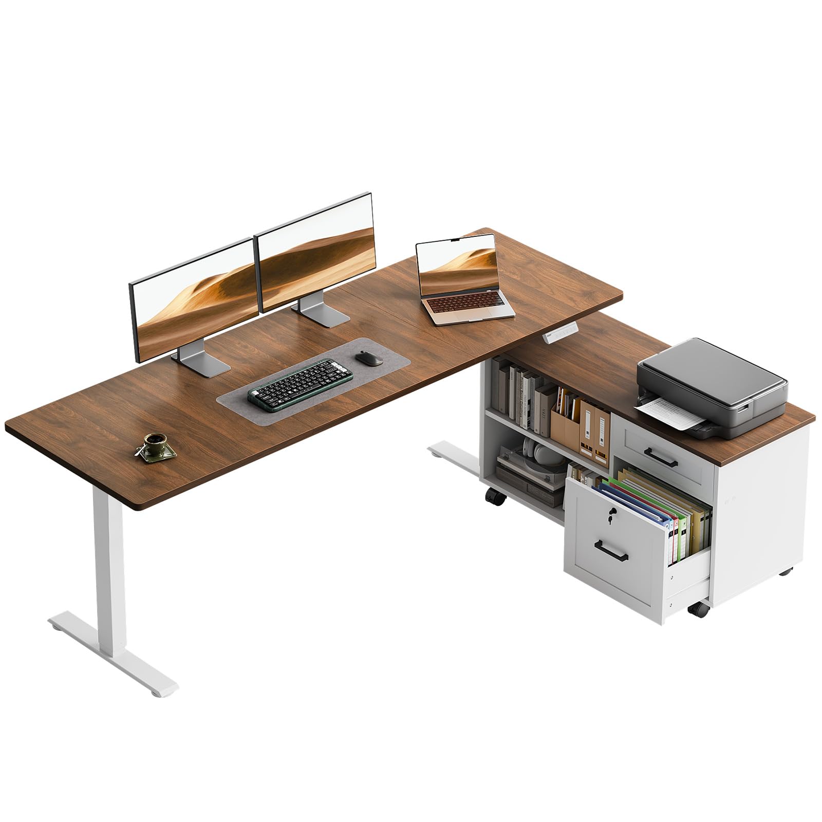L-Shaped Electric Standing Desk with File Cabinet