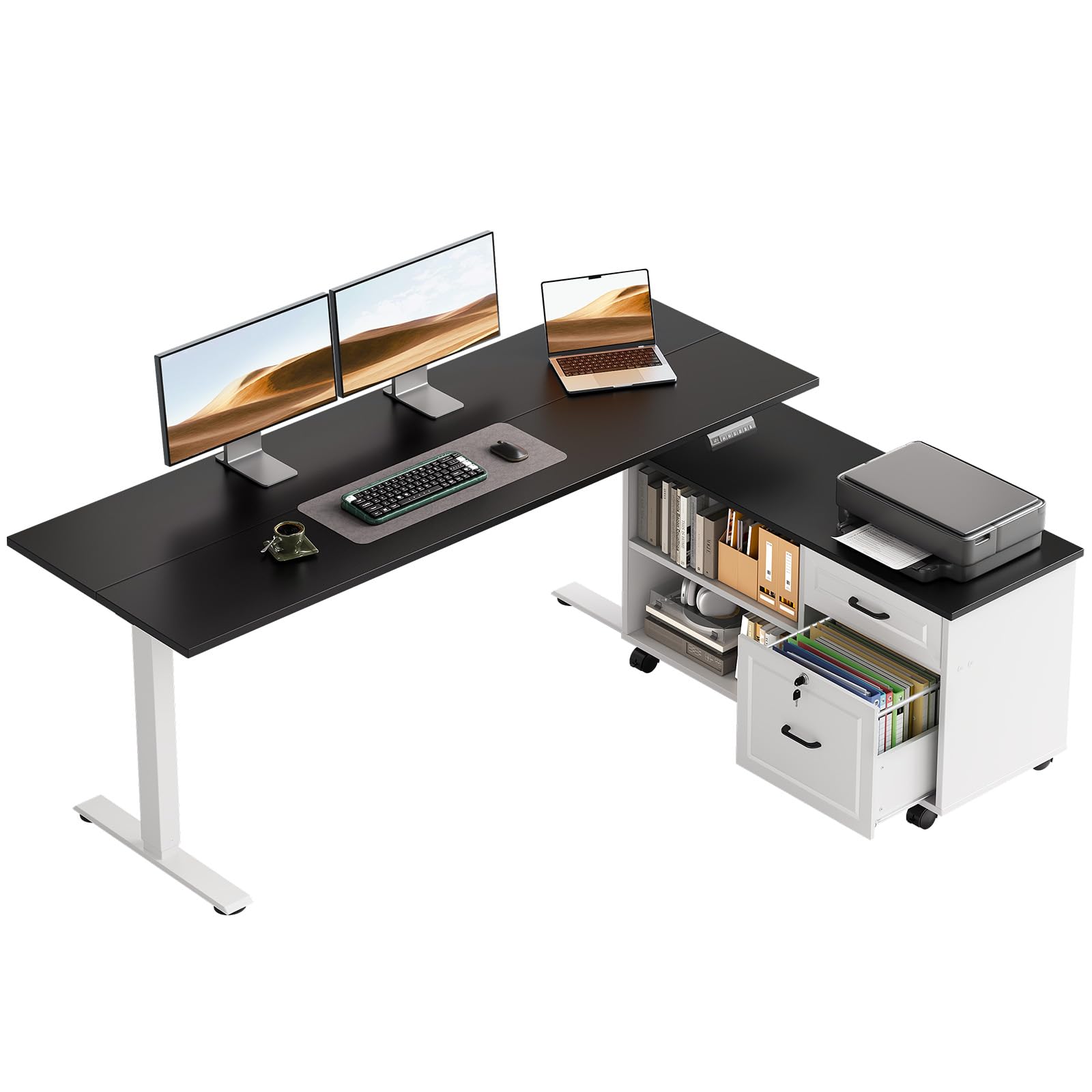 L-Shaped Electric Standing Desk with File Cabinet