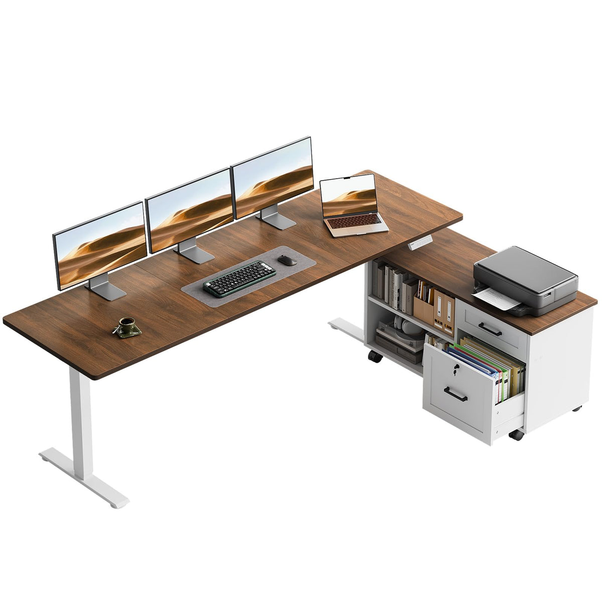 L-Shaped Electric Standing Desk with File Cabinet
