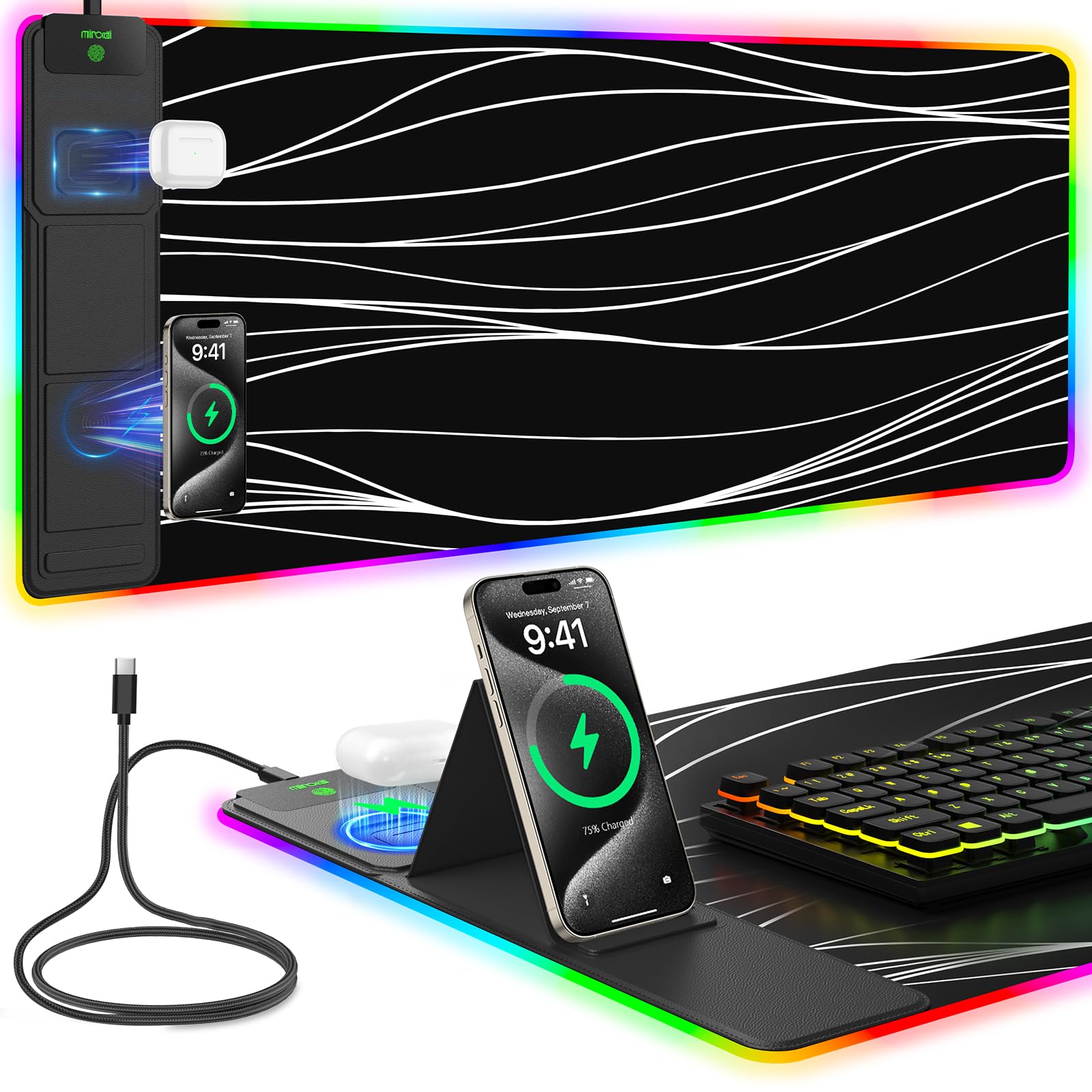 RGB Wireless Charging Desk Mat with Phone Stand