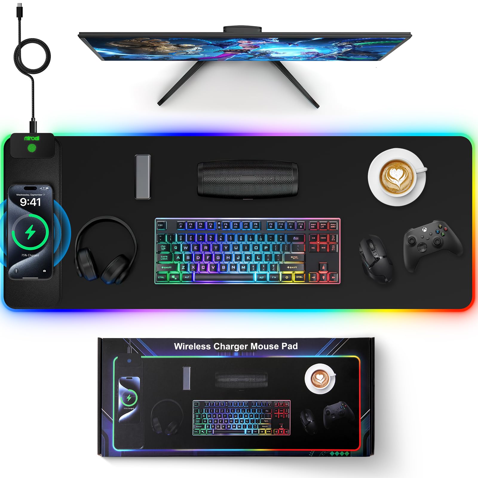 RGB Wireless Charging Desk Mat with Phone Stand