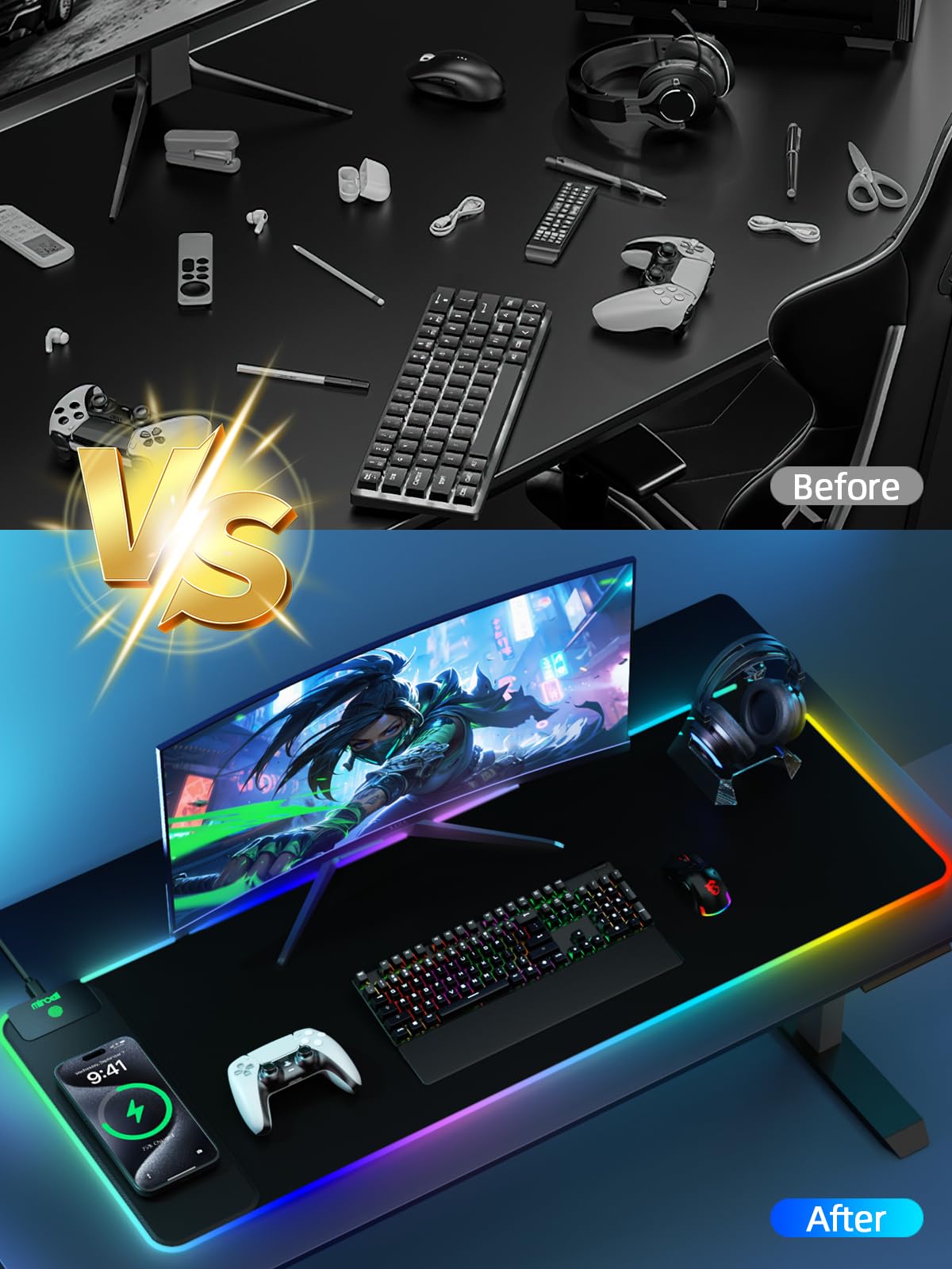 RGB Wireless Charging Desk Mat with Phone Stand