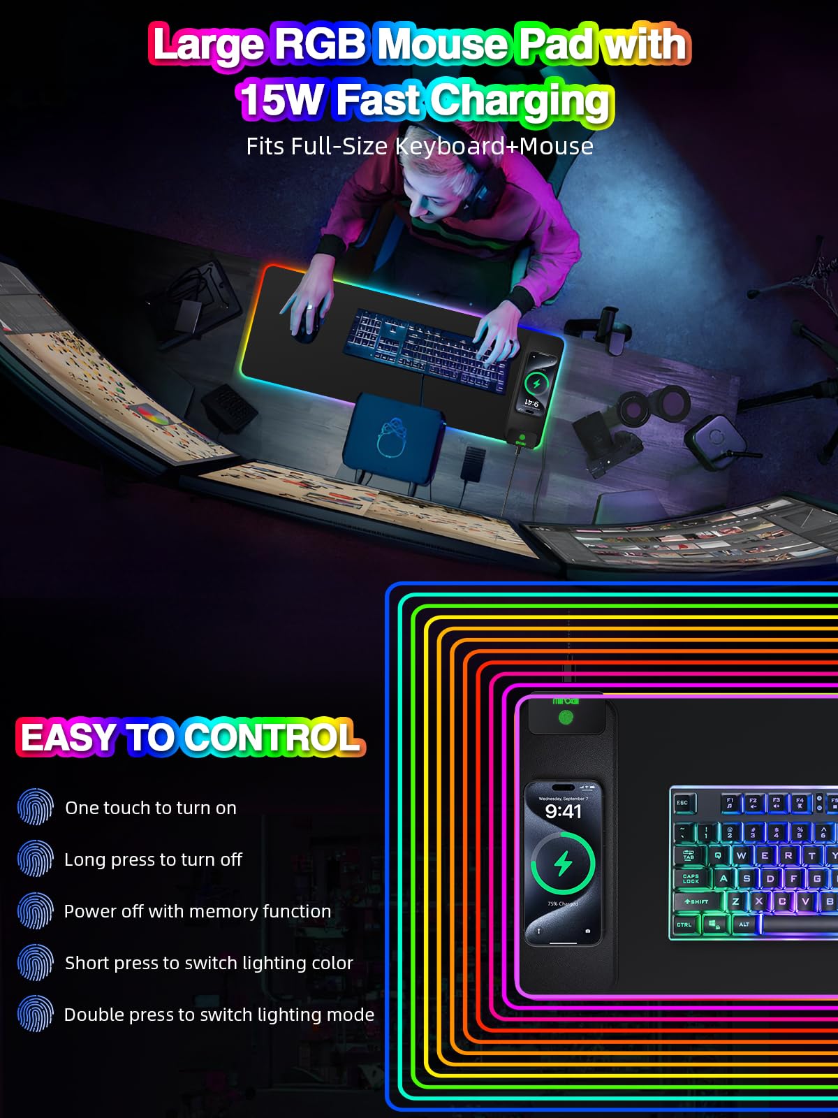 RGB Wireless Charging Desk Mat with Phone Stand