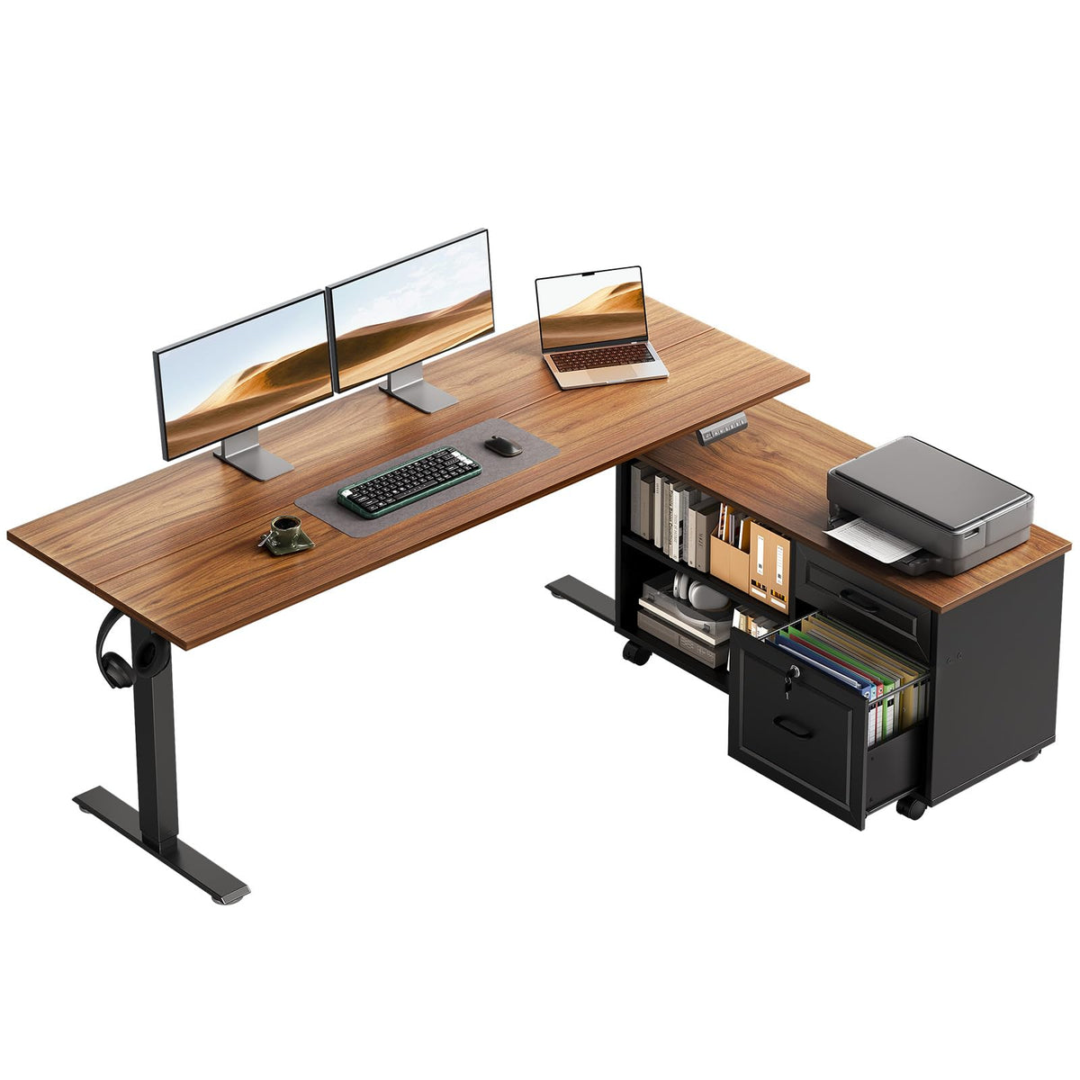 L-Shaped Electric Standing Desk with File Cabinet