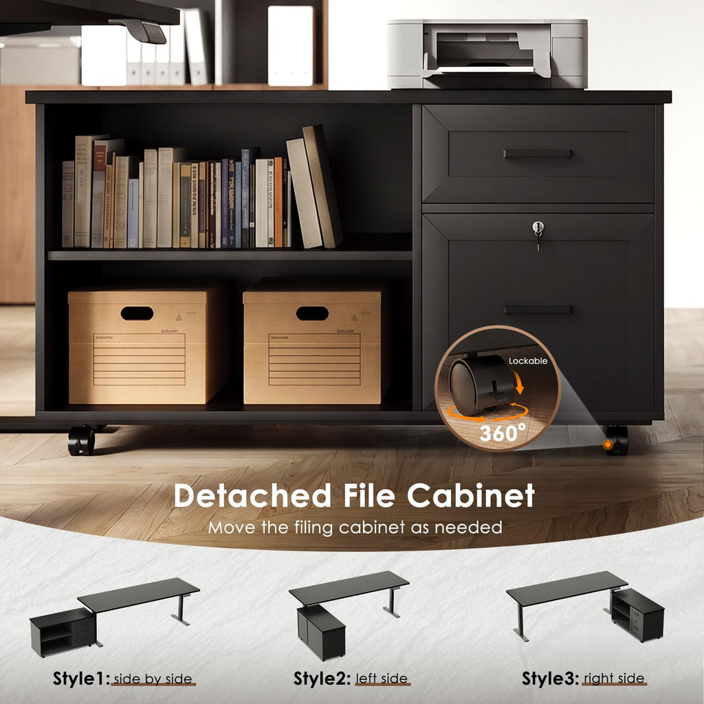 L-Shaped Electric Standing Desk with File Cabinet
