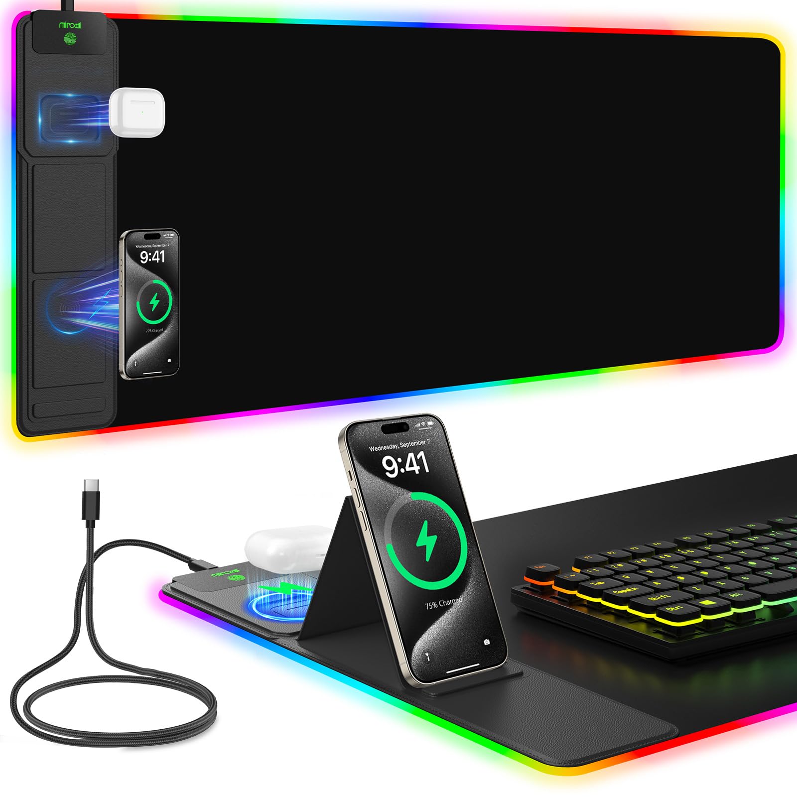 RGB Wireless Charging Desk Mat with Phone Stand
