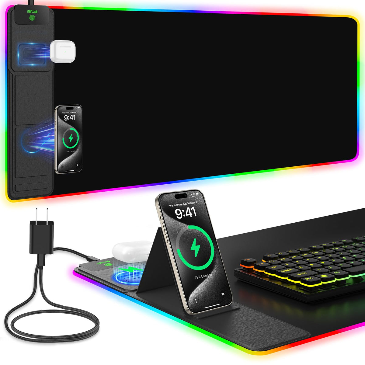 RGB Wireless Charging Desk Mat with Phone Stand