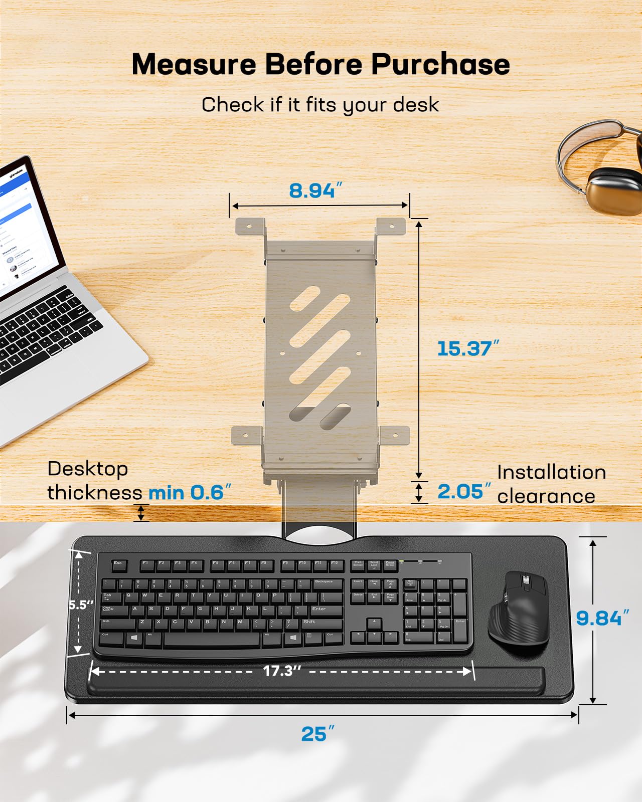 360° Adjustable Under-Desk Keyboard Tray