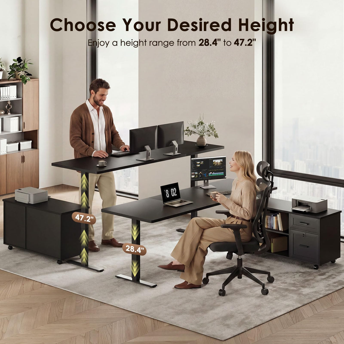 L-Shaped Electric Standing Desk with File Cabinet