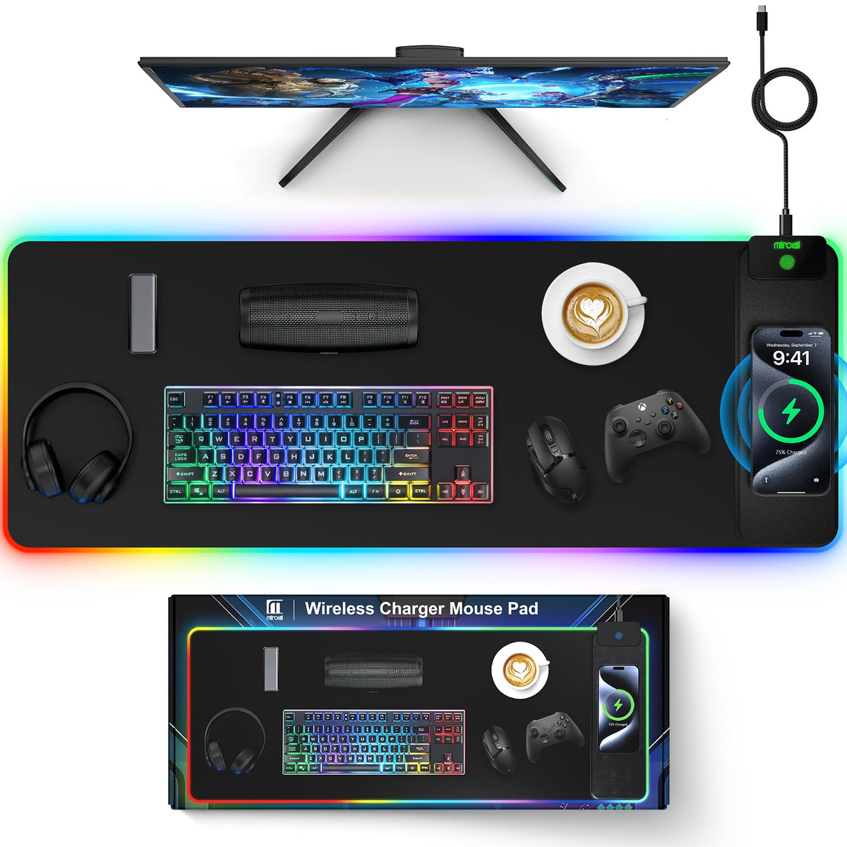 RGB Wireless Charging Desk Mat with Phone Stand