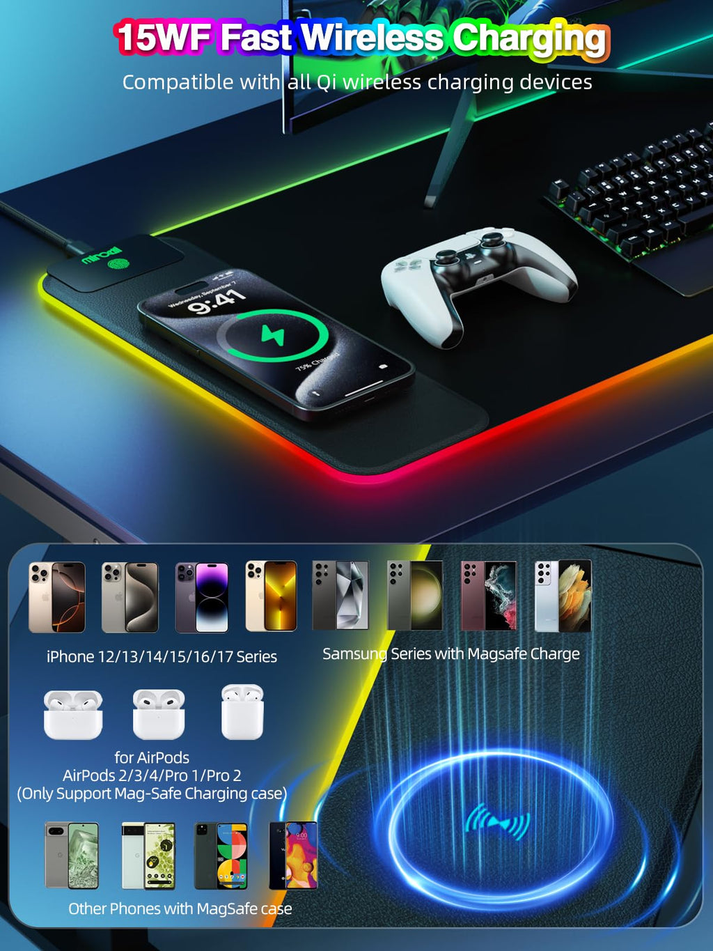 RGB Wireless Charging Desk Mat with Phone Stand