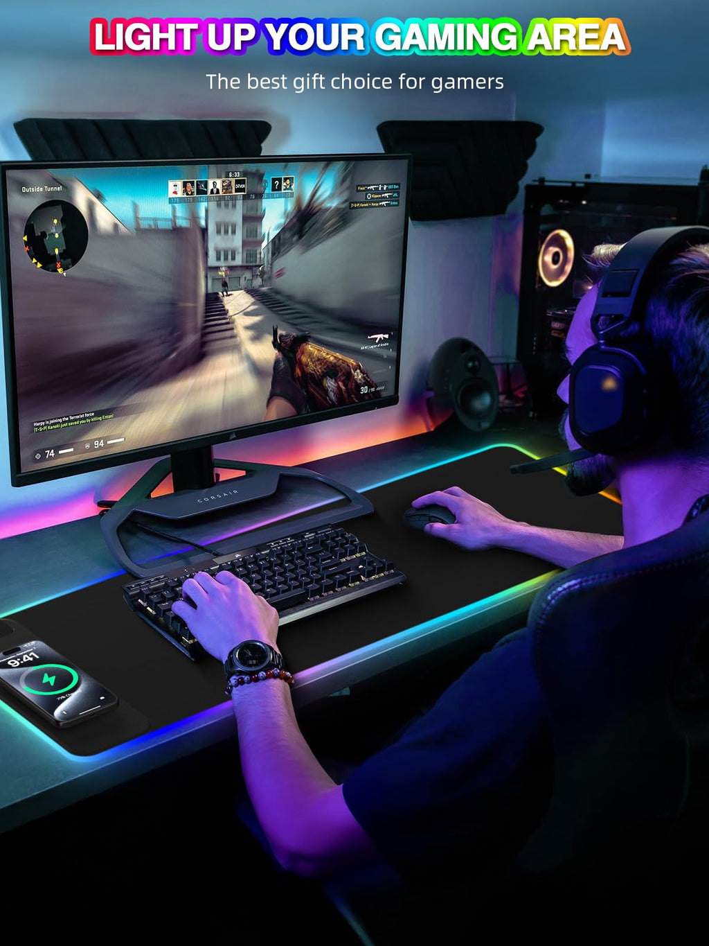 RGB Wireless Charging Desk Mat with Phone Stand