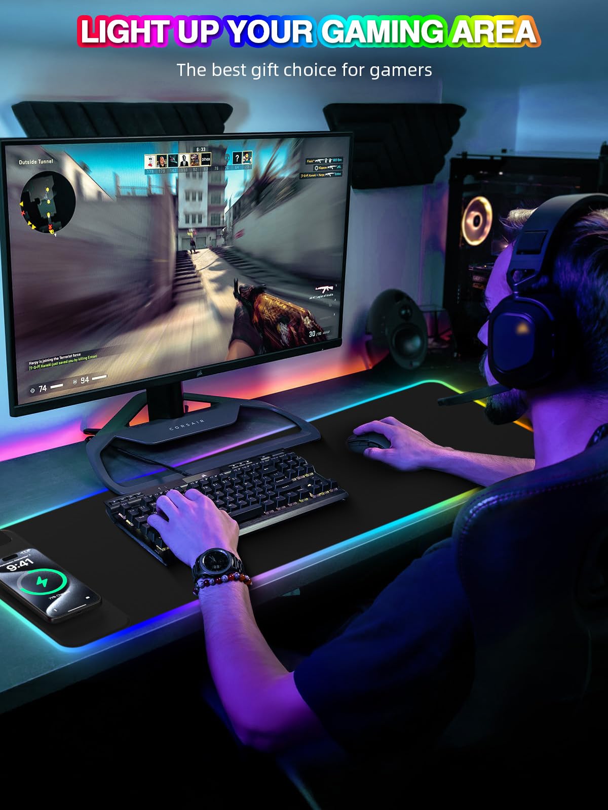 RGB Wireless Charging Desk Mat with Phone Stand