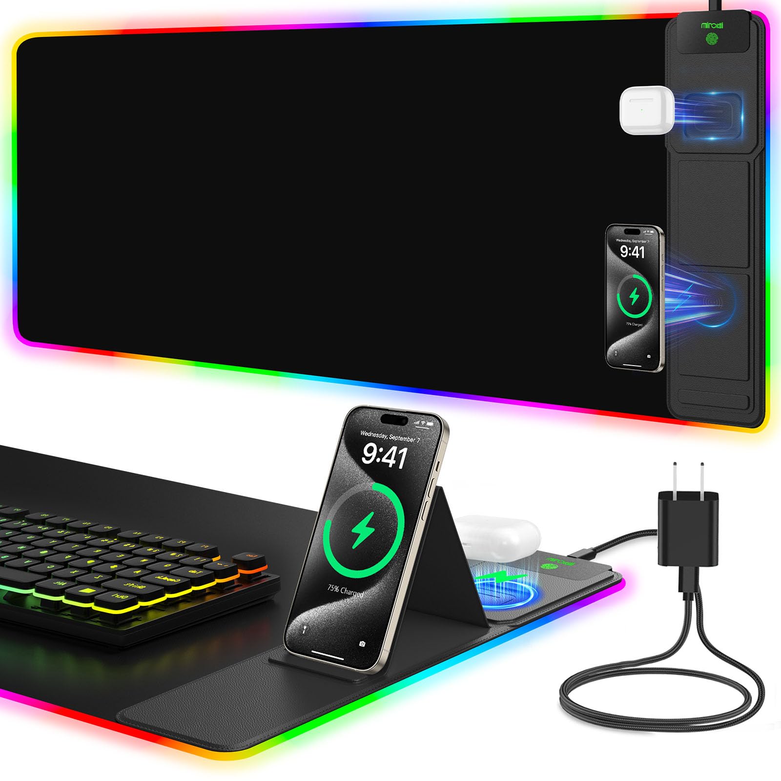RGB Wireless Charging Desk Mat with Phone Stand