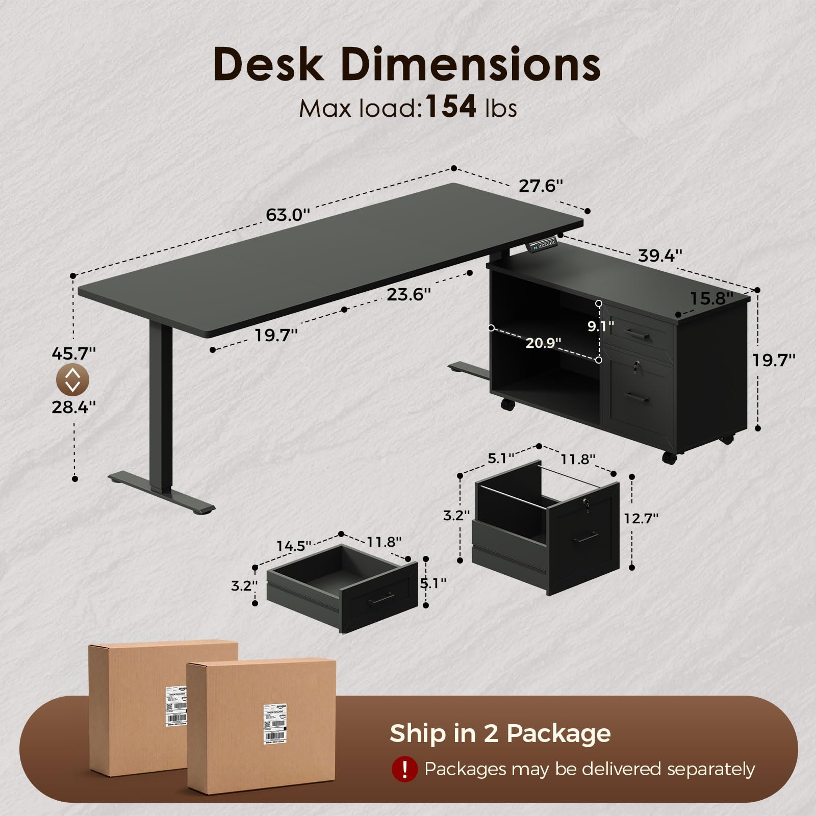 L-Shaped Electric Standing Desk with File Cabinet