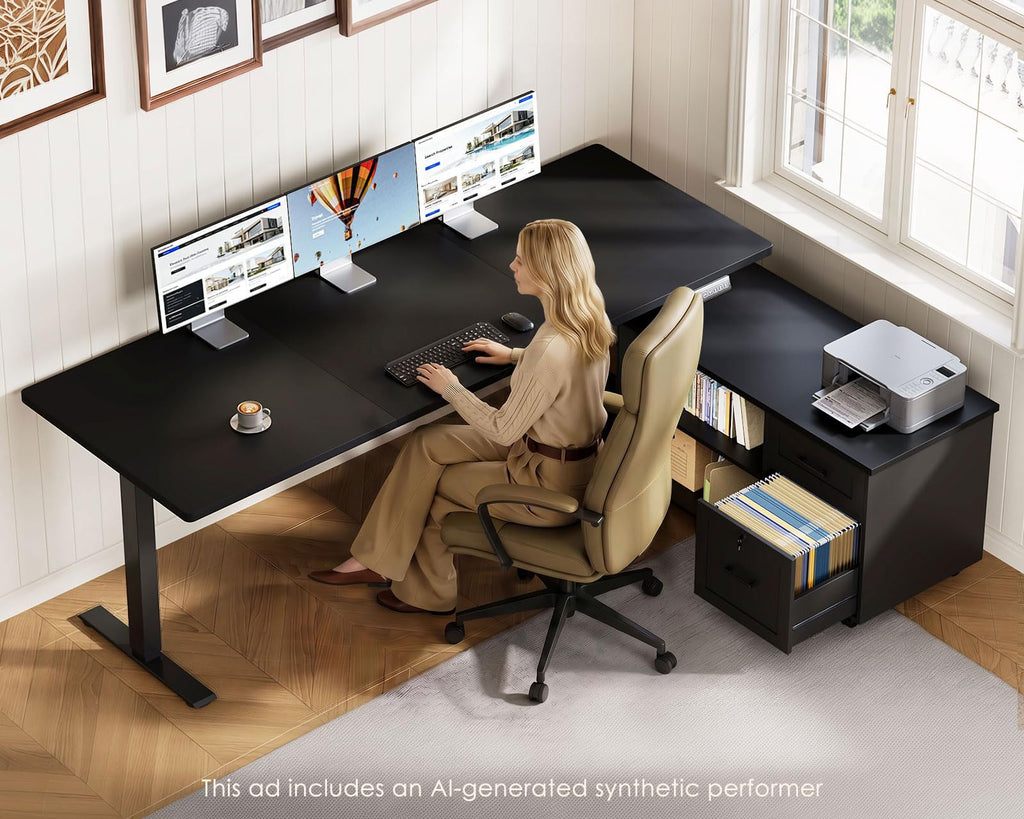 L-Shaped Electric Standing Desk with File Cabinet