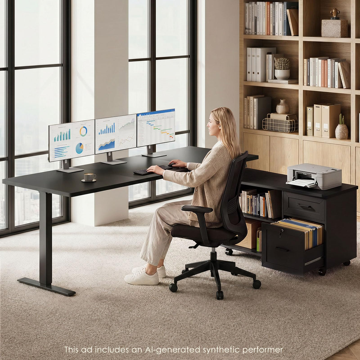 L-Shaped Electric Standing Desk with File Cabinet