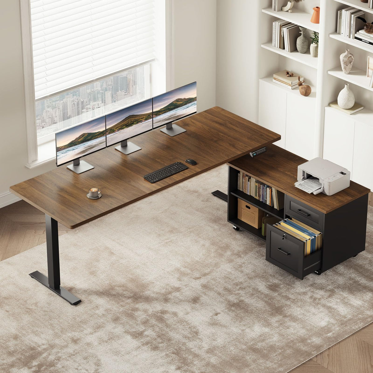 L-Shaped Electric Standing Desk with File Cabinet