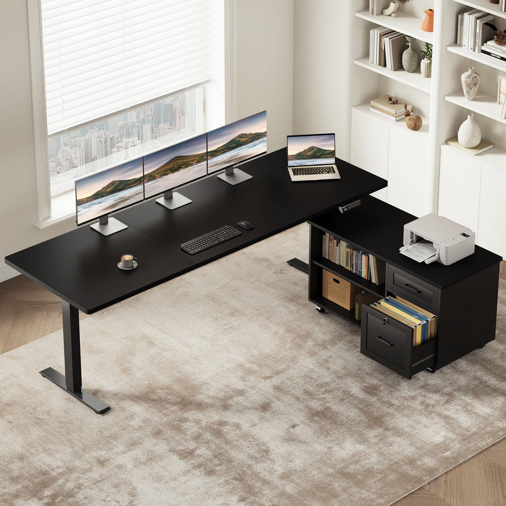 L-Shaped Electric Standing Desk with File Cabinet
