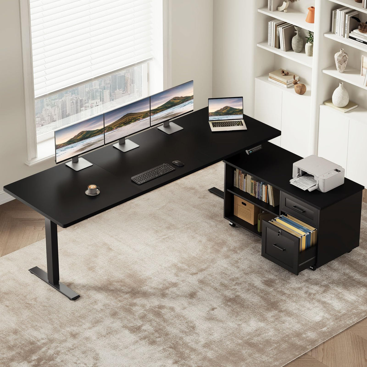 L-Shaped Electric Standing Desk with File Cabinet