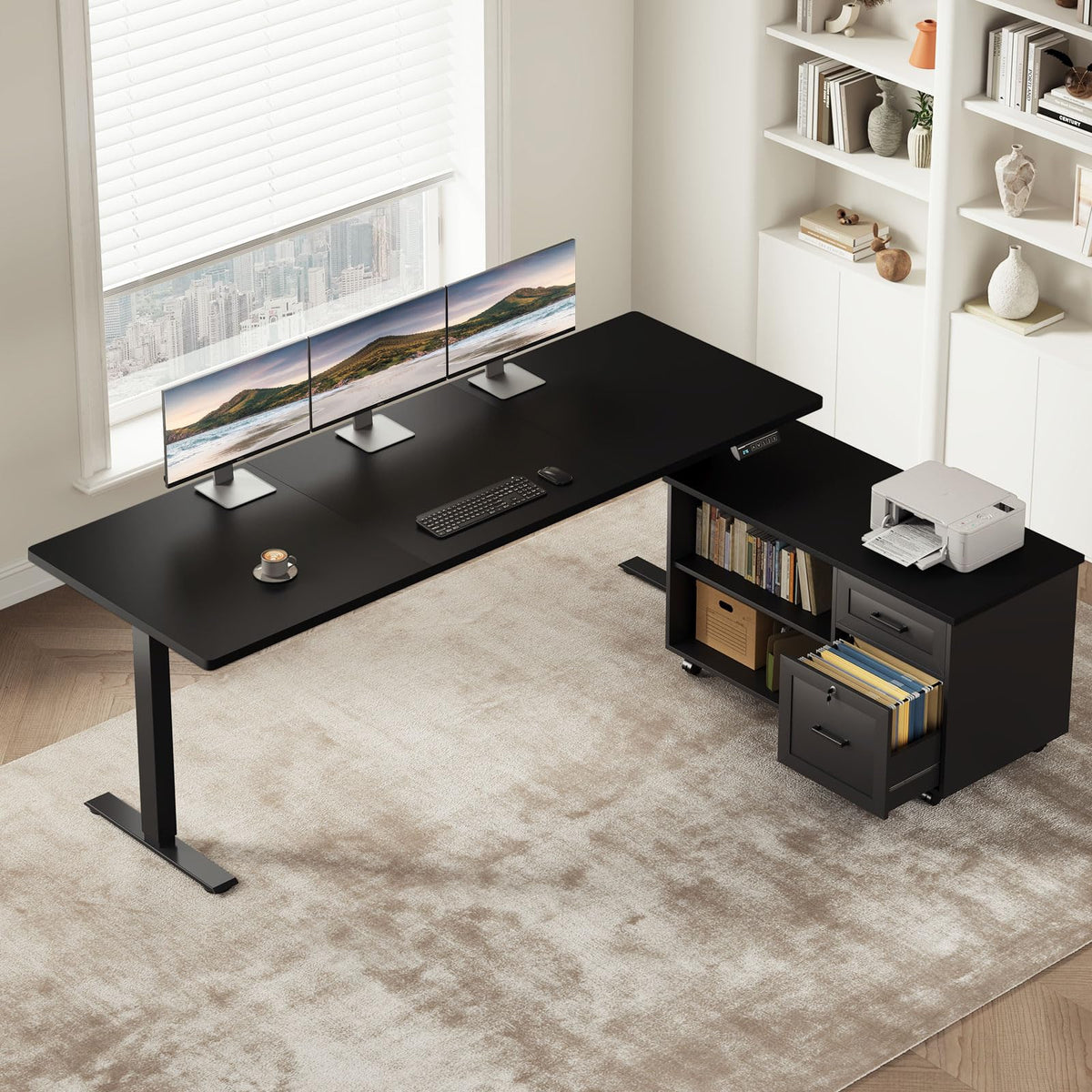 L-Shaped Electric Standing Desk with File Cabinet