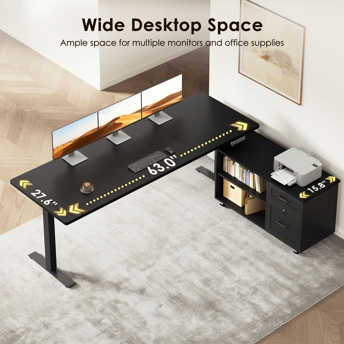 L-Shaped Electric Standing Desk with File Cabinet