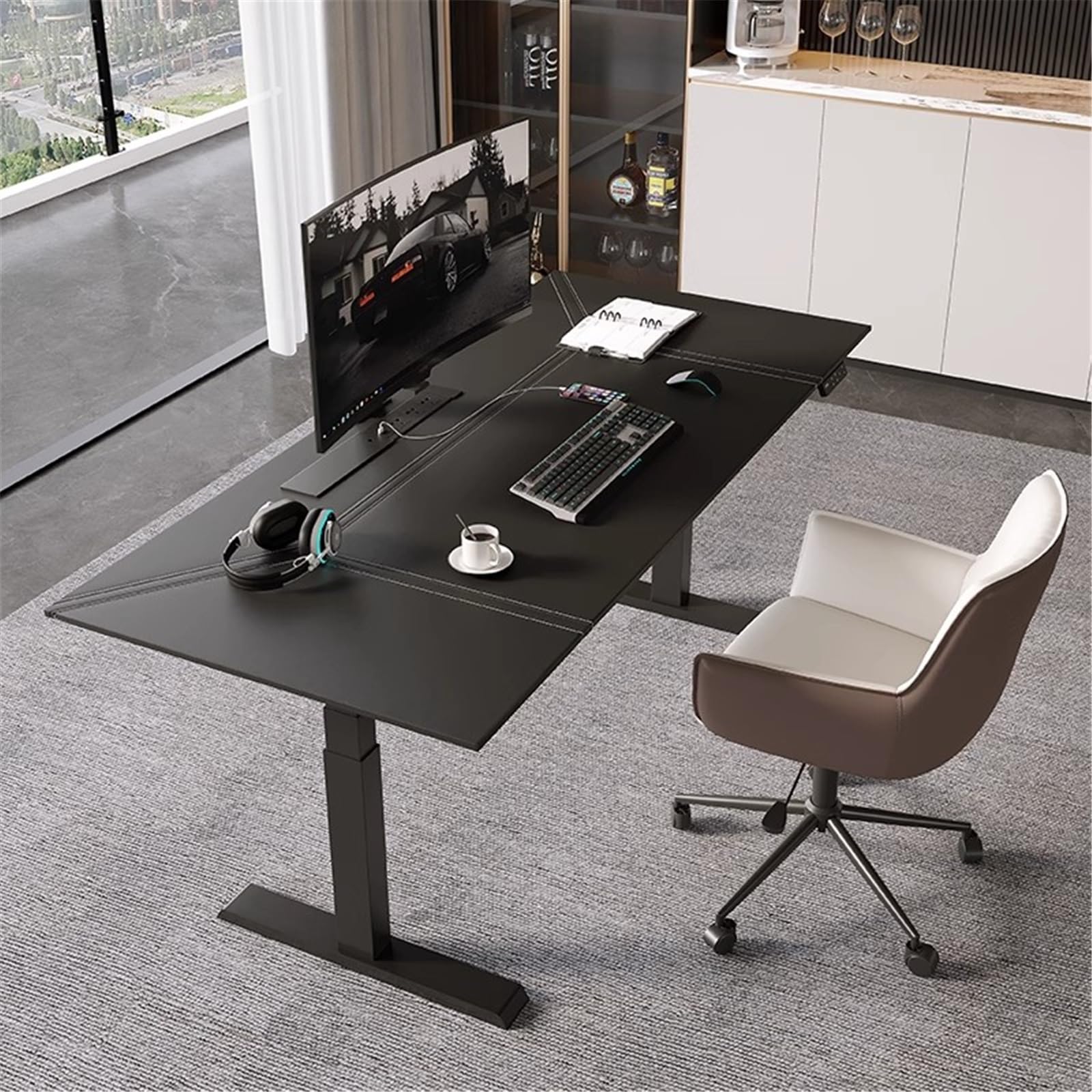 Electric Standing Desk with Leather Desktop