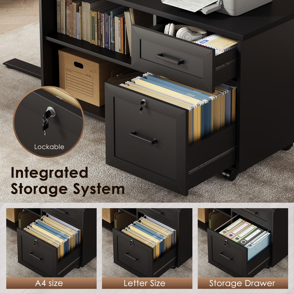 L-Shaped Electric Standing Desk with File Cabinet