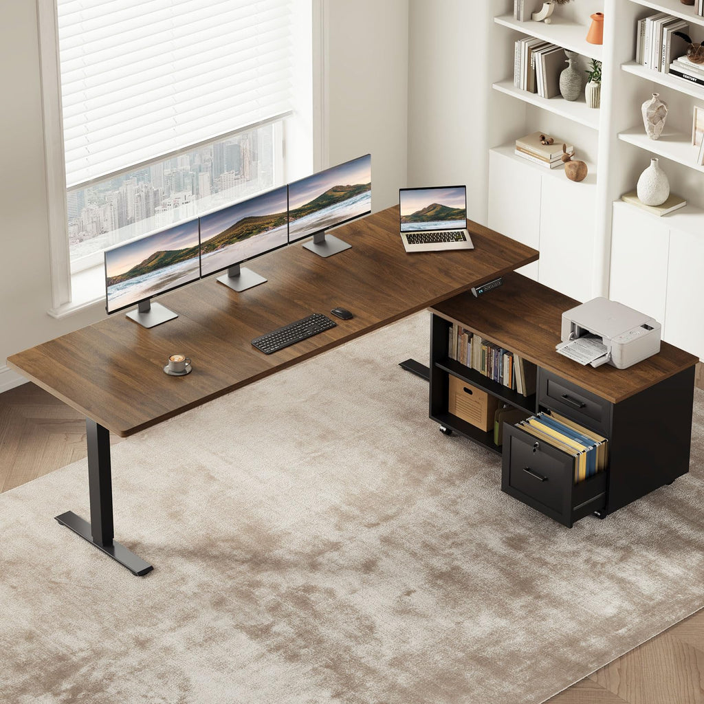 L-Shaped Electric Standing Desk with File Cabinet