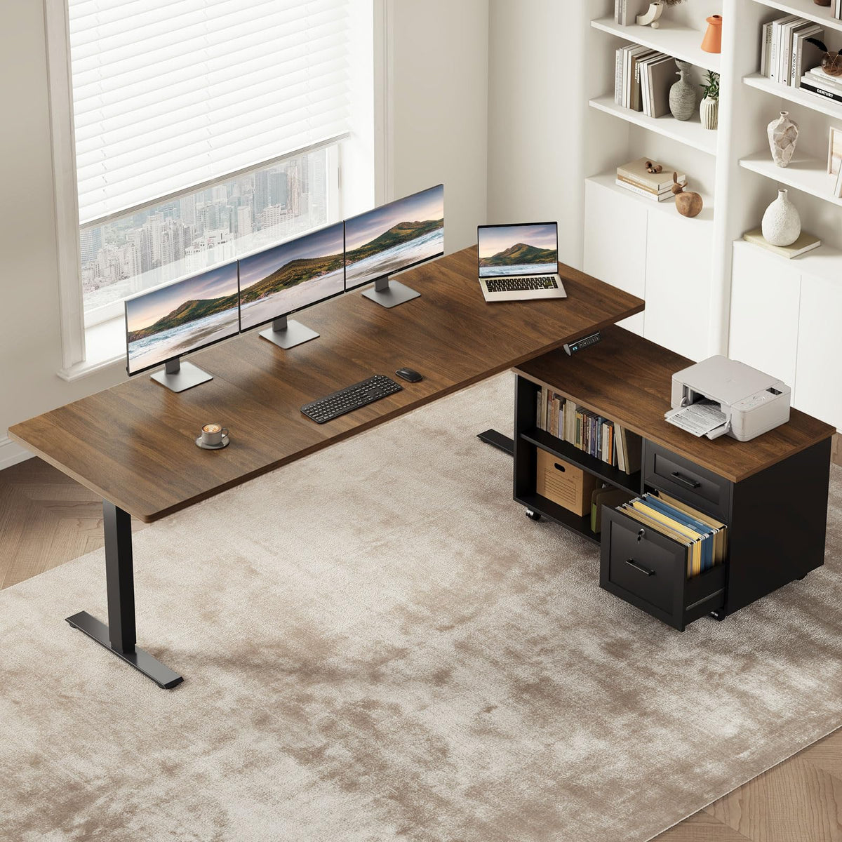 L-Shaped Electric Standing Desk with File Cabinet